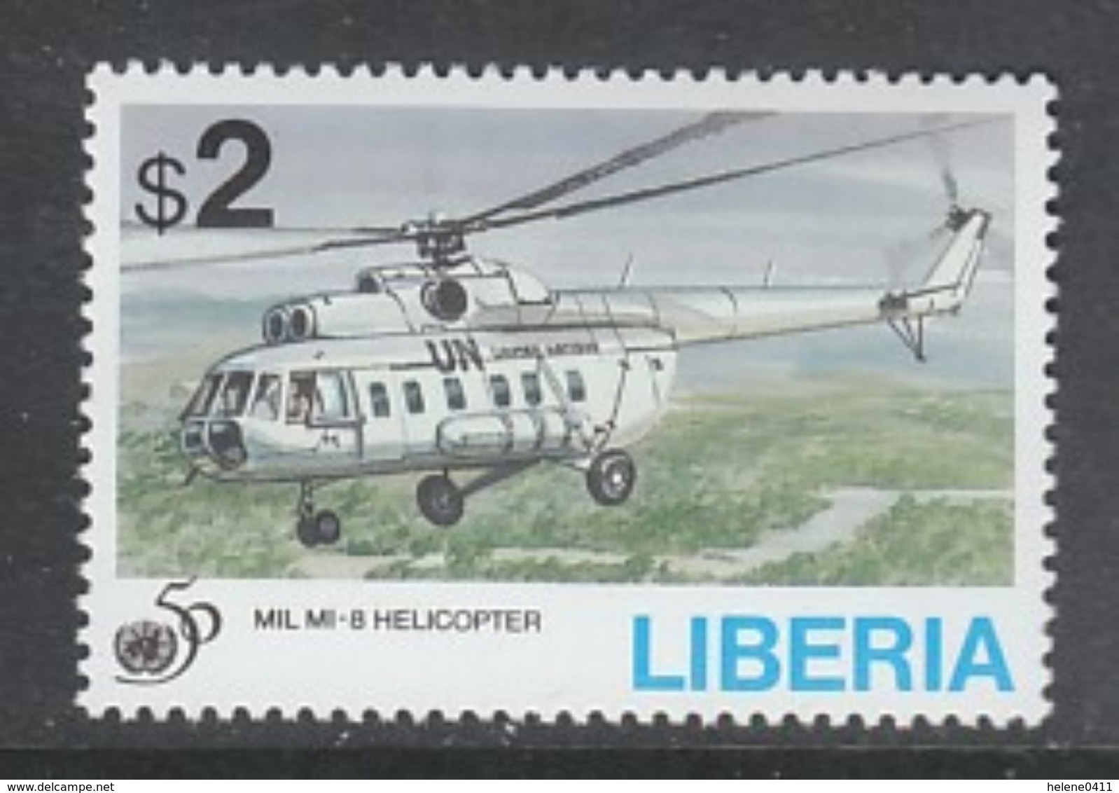 TIMBRE NEUF DU LIBERIA - HELICOPTERE MIL MI-8 (50E ANNIVERSAIRE DES NATIONS UNIES) N° Y&T 1298 - Hélicoptères