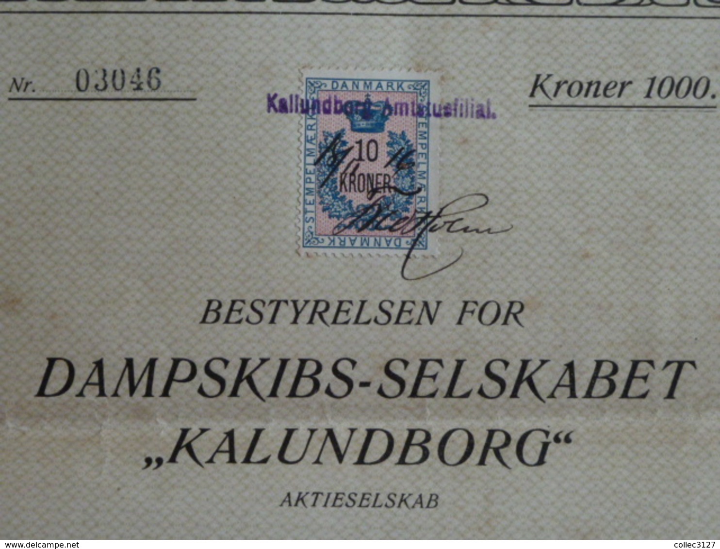 Danemark Obligation De 1000 Kr Dampskibs-Selskabet - Kalundborg -1916 - Timbre Fiscal 10 Kr - Navigation