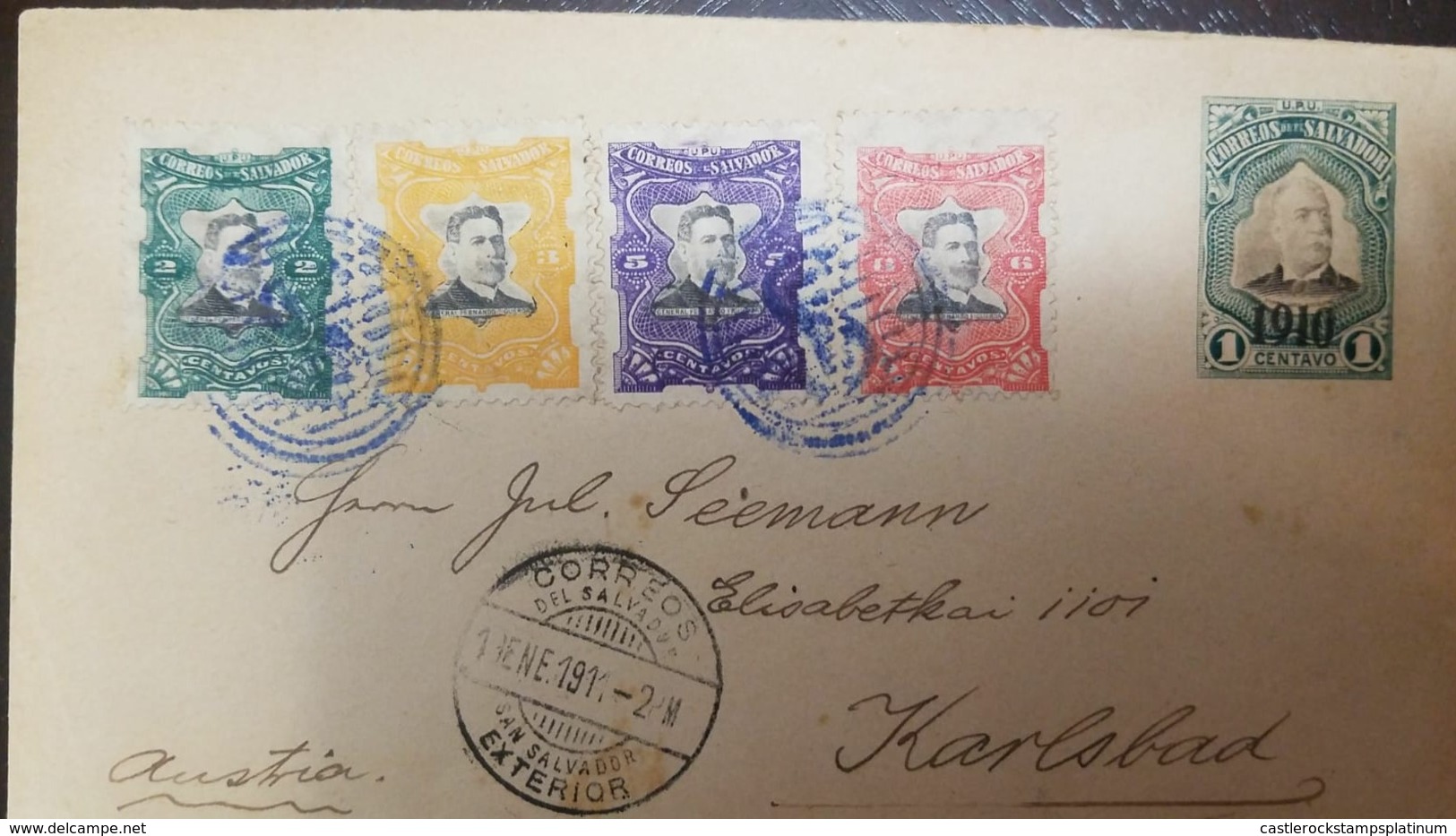 O) 1911 EL SALVADOR, FERNANDO FIGUEROA SCOTT A67 -SET - PEDRO JOSE ESCALON A65 OVERPRINTED, TO KARLSBAD, XF - El Salvador