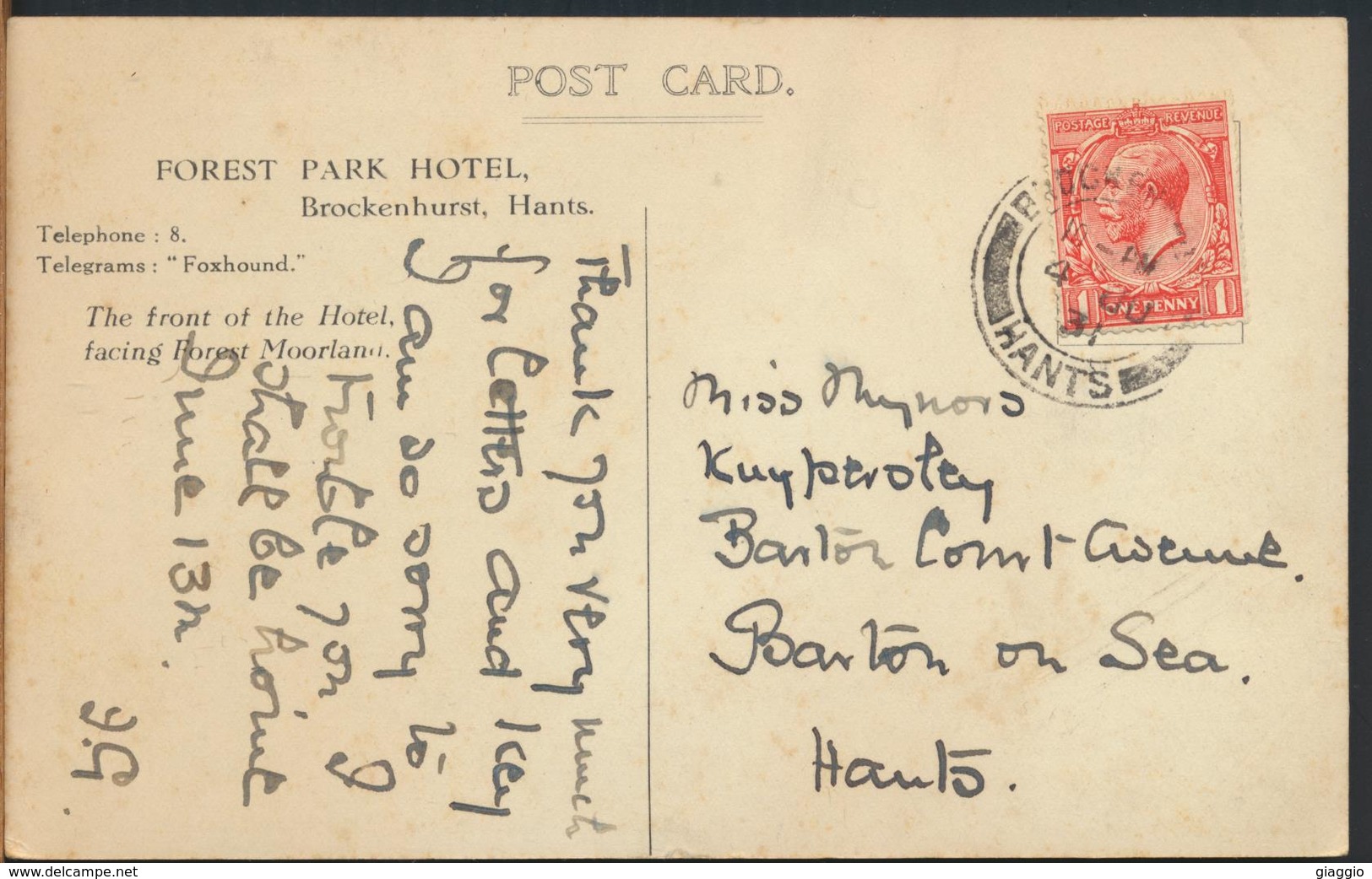 °°° 11691 - UK - FOREST PARK HOTEL , BROCKENHURST , HANTS - 1931 With Stamps °°° - Altri & Non Classificati