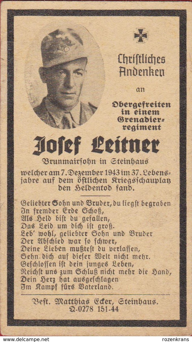 Sterbezettel Deutscher Soldat Josef Leitner 1943 Obergefreiter Sterbebild Weltkrieg WK 2 II World War 2 WW2 WWII - 1939-45