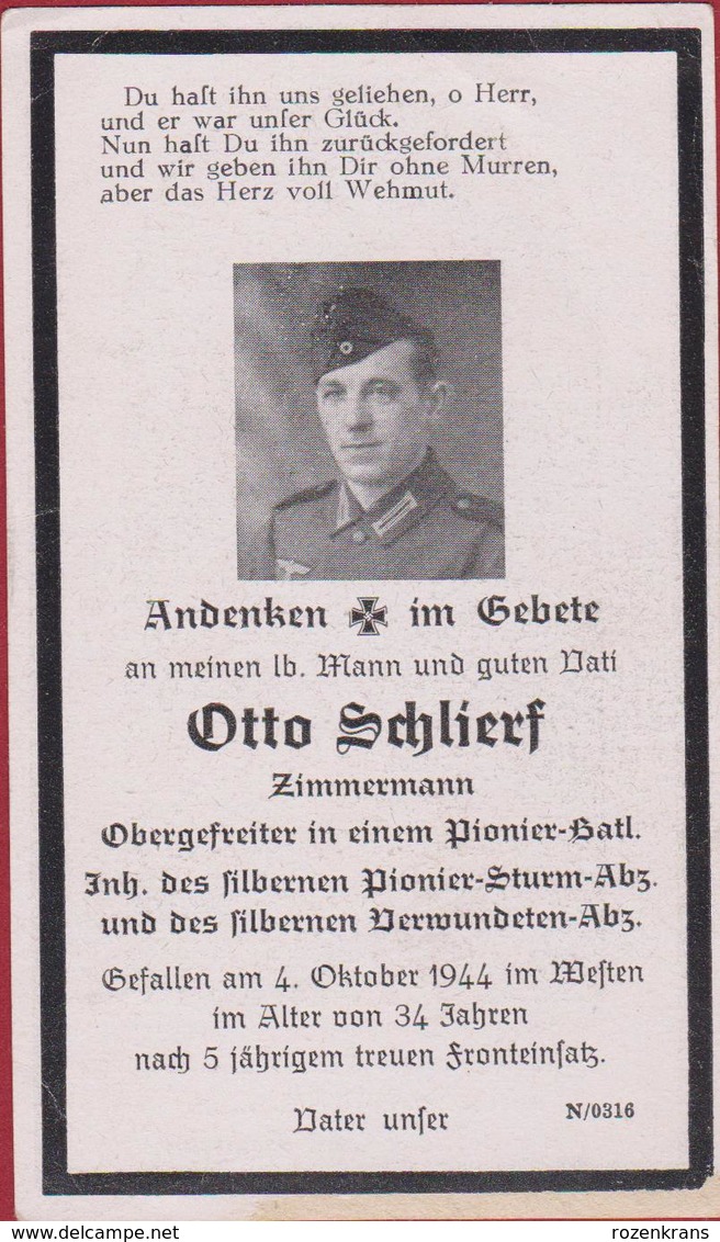 Sterbezettel Deutscher Soldat Otto Schlierf Obergefreiter Pionier Batl. Sterbebild Weltkrieg WK 2 II World War WW2 WWII - 1939-45