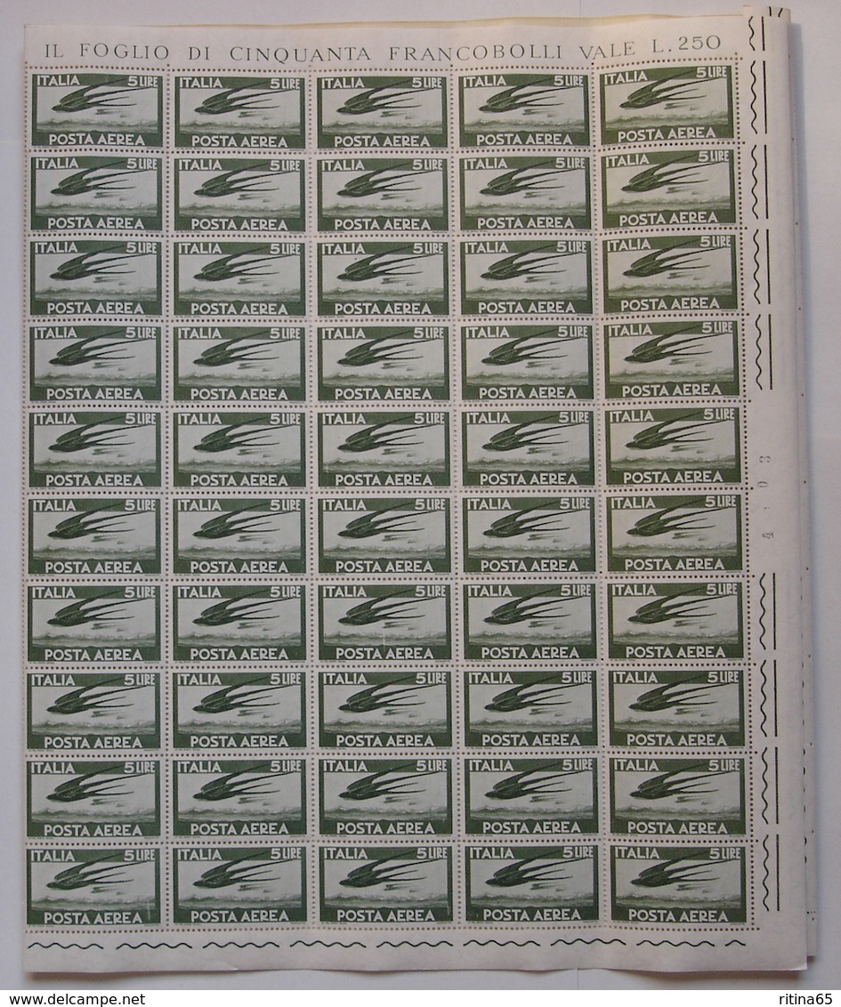 REPUBBLICA !!! 1962 ITALIA 5 LIRE POSTA AEREA FOGLIO INTERO MNH** !!! A155 - Fogli Completi