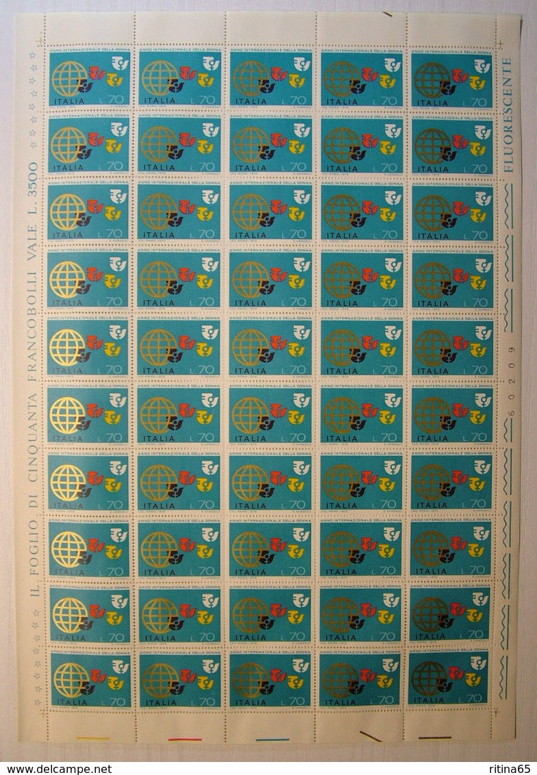 REPUBBLICA ! 1975 ITALIA 70 LIRE ANNO DELLA DONNA FOGLIO INTERO MNH** ! 1297 - Fogli Completi