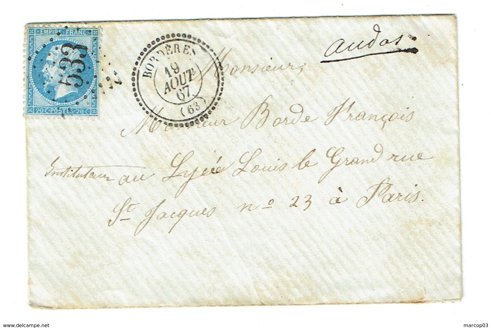 HAUTE PYRENEES 65 BORDERES Enveloppe Avec Texte TAD 22 Du 19/08/1867 GC 533 Sur N° 22 TTB - 1849-1876: Période Classique