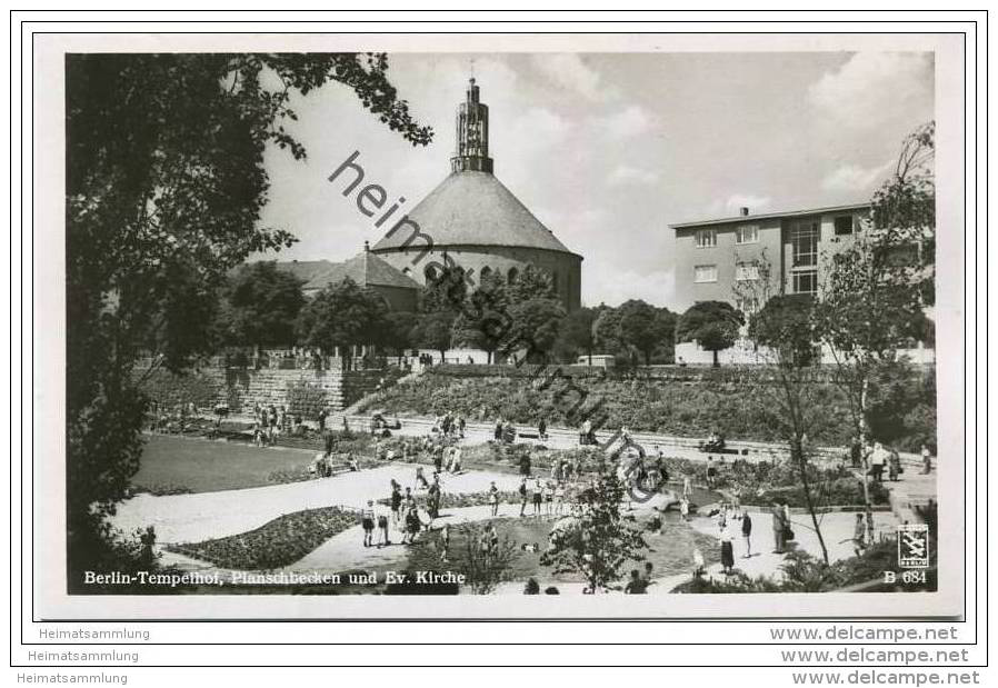 Berlin-Tempelhof - Evangelische Kirche Und Planschbecken - Foto-AK 50er Jahre - Tempelhof