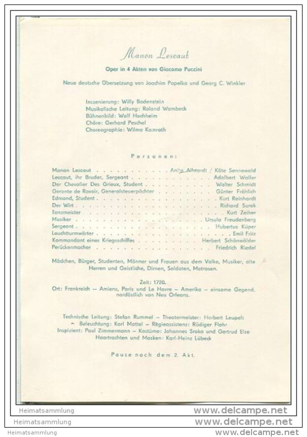 Landestheater Dessau - Spielzeit 1957/58 Nummer 21 - Programmheft Manon Lescaut - Giacomo Puccini - Käte Sennewald - Teatro E Danza