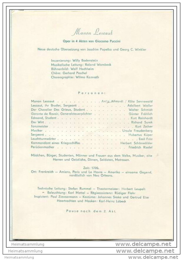 Landestheater Dessau - Spielzeit 1957/58 Nummer 21 - Programmheft Manon Lescaut - Giacomo Puccini - Käte Sennewald - Theatre & Dance