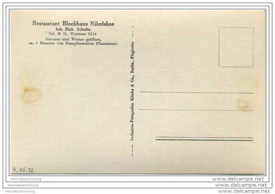 Berlin-Wannsee - Restaurant Blockhaus Nikolskoe Inhaber Rich. Schulte - Pfaueninsel - Foto-AK 1932 Fliegeraufnahme - Wannsee