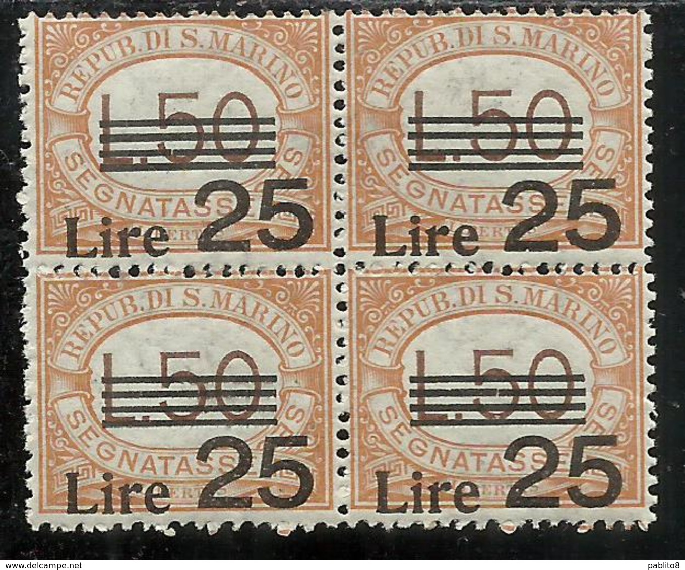 REPUBBLICA DI SAN MARINO 1943 SEGNATASSE L.25 SU 50 MNH DISCRETA CENTRATURA QUARTINA BLOCK - Segnatasse