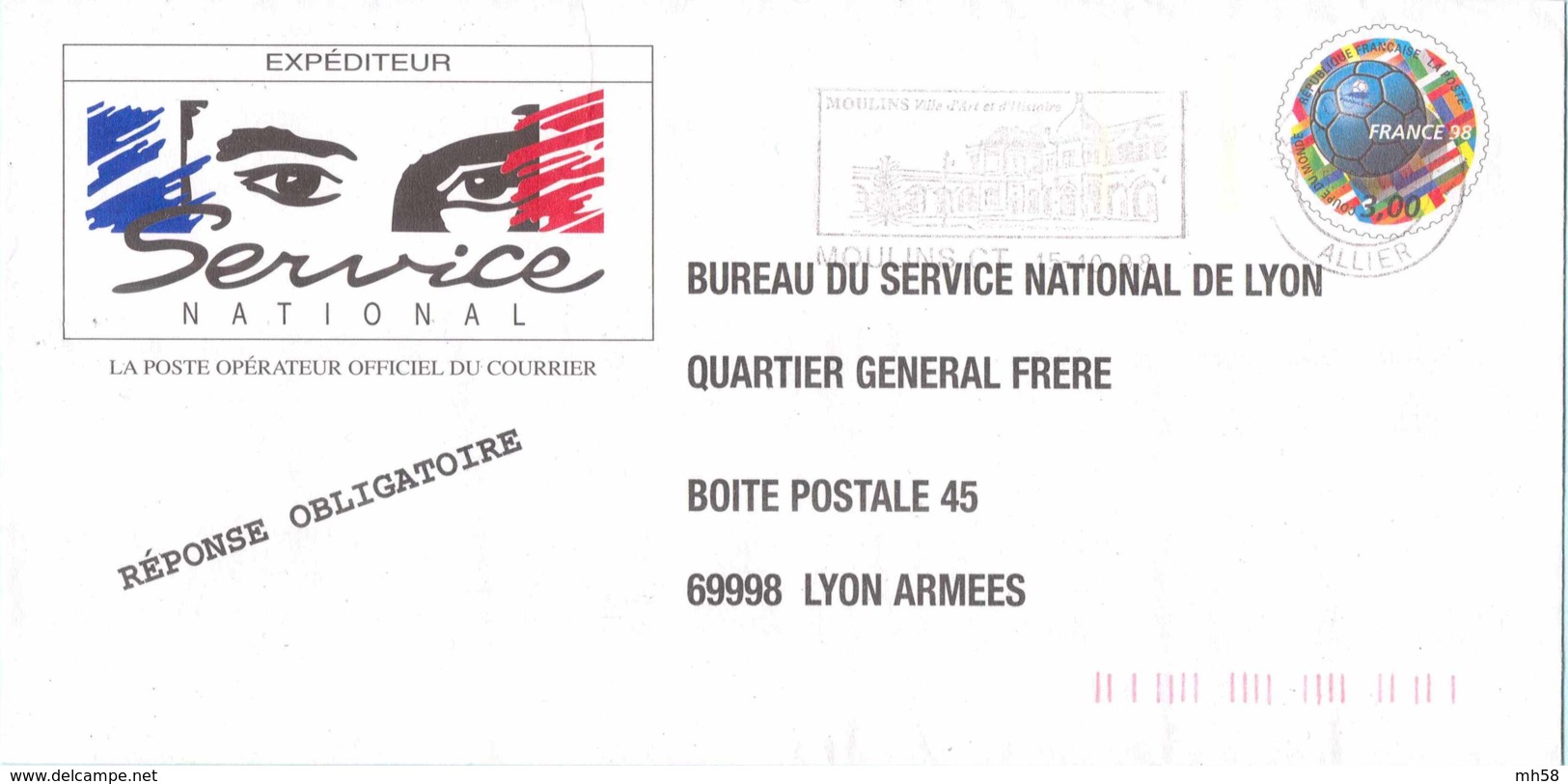 Entier FRANCE - PAP Enveloppe Bureau Service National BSN Lyon Oblitéré 1998 - 3f00 Ballon France 98 - Prêts-à-poster: TSC Et Repiquages Semi-officiels