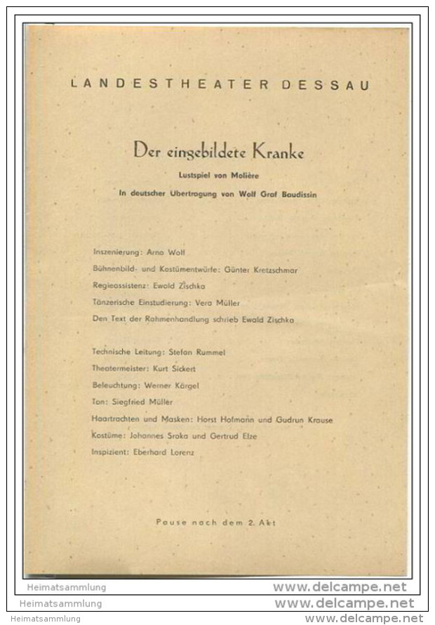 Landestheater Dessau - Spielzeit 1961 Nummer 38 - Der Eingebildete Kranke Von Molière - Eberhard Kratz - Theatre & Dance