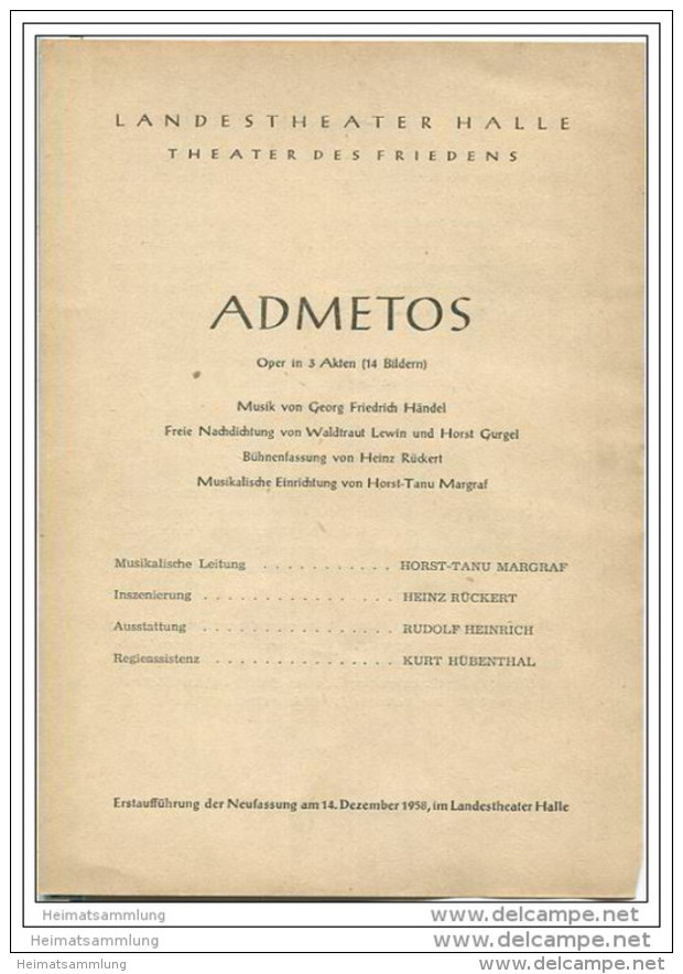 Landestheater Dessau - Spielzeit 1958/59 Nummer 13 - Admetos Von Georg Friedrich Händel - Bruno Aderhold - Theatre & Dance
