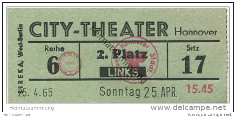 Hannover - City-Theater 1965 - Eintrittskarte - Eintrittskarten