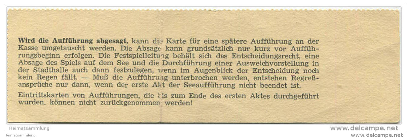 Bregenz - Bregenzer Festspiele 1961 - 30. Juli Zigeunerbaron - Spiel Auf Dem See - Eintrittskarte - Eintrittskarten