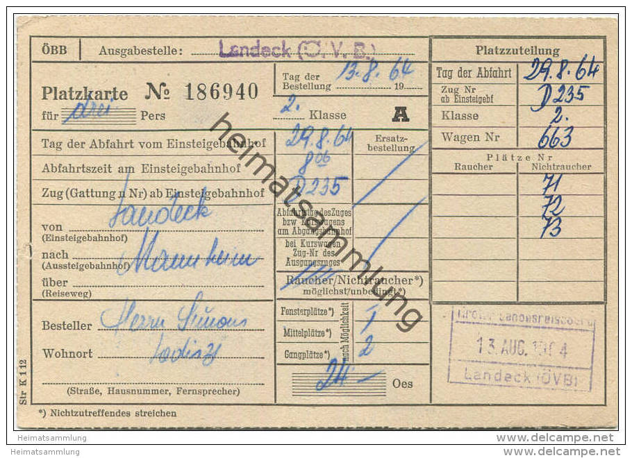 Landeck (Ö.V.B.) - Platzkarte D235 Landeck-Mannheim - ÖBB 1964 - Sonstige & Ohne Zuordnung
