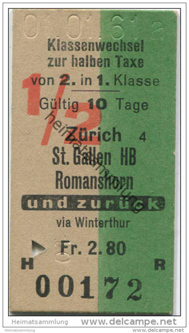 Klassenwechsel Zur Halben Taxe Von 2. In 1. Klasse - Zürich St. Gallen HB Romanshorn Via Winterthur - Fahrkarte 1961 - Sonstige & Ohne Zuordnung