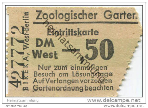 Zoologischer Garten - Eintrittskarte DM -,50 West - Eintrittskarten