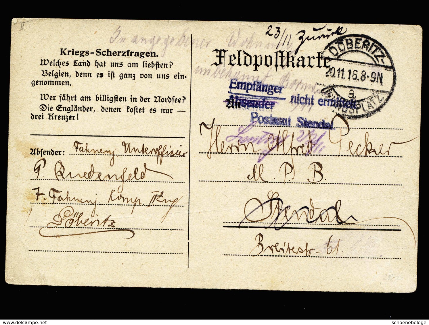 A5607) DR Feldpostkarte Döberitz-Übungsplatz 20.11.18 Seltener Stempel - Briefe U. Dokumente