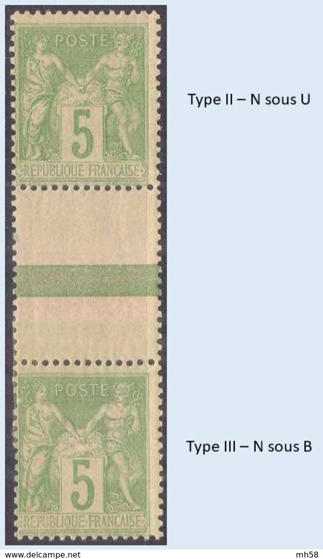 FRANCE - Paire Types II Et III Se Tenant **/* - N° 106a 5 Sage Vert-jaune - 1898-1900 Sage (Type III)