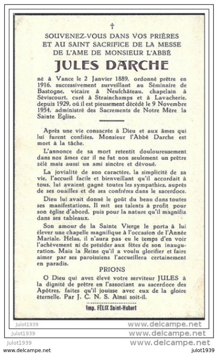 VANCE ..-- Curé Jules DARCHE . Né à VANCE En 1889 , Décédé En 1954 à LAVACHERIE . - Etalle