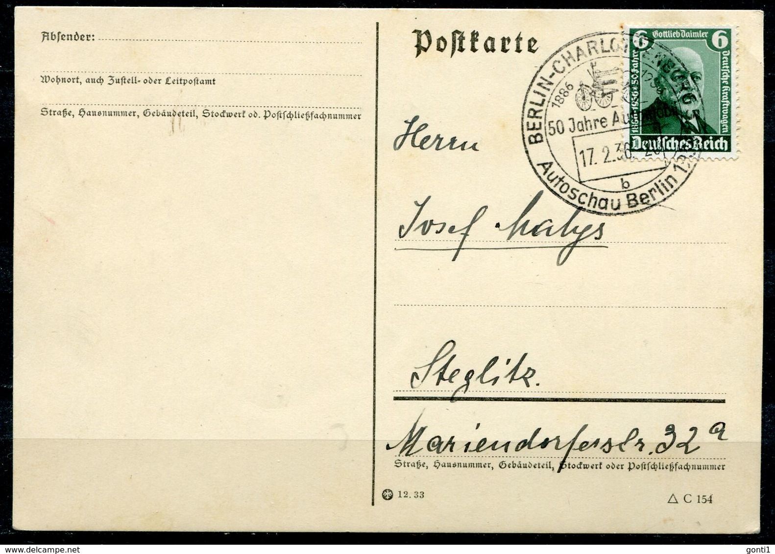 German Empires,DR 1936 Bedarfspostkarte Mit Mi.Nr.604 Und SST"Berlin-50 Jahre Automobil,Autoschau "1 Karte - Voitures
