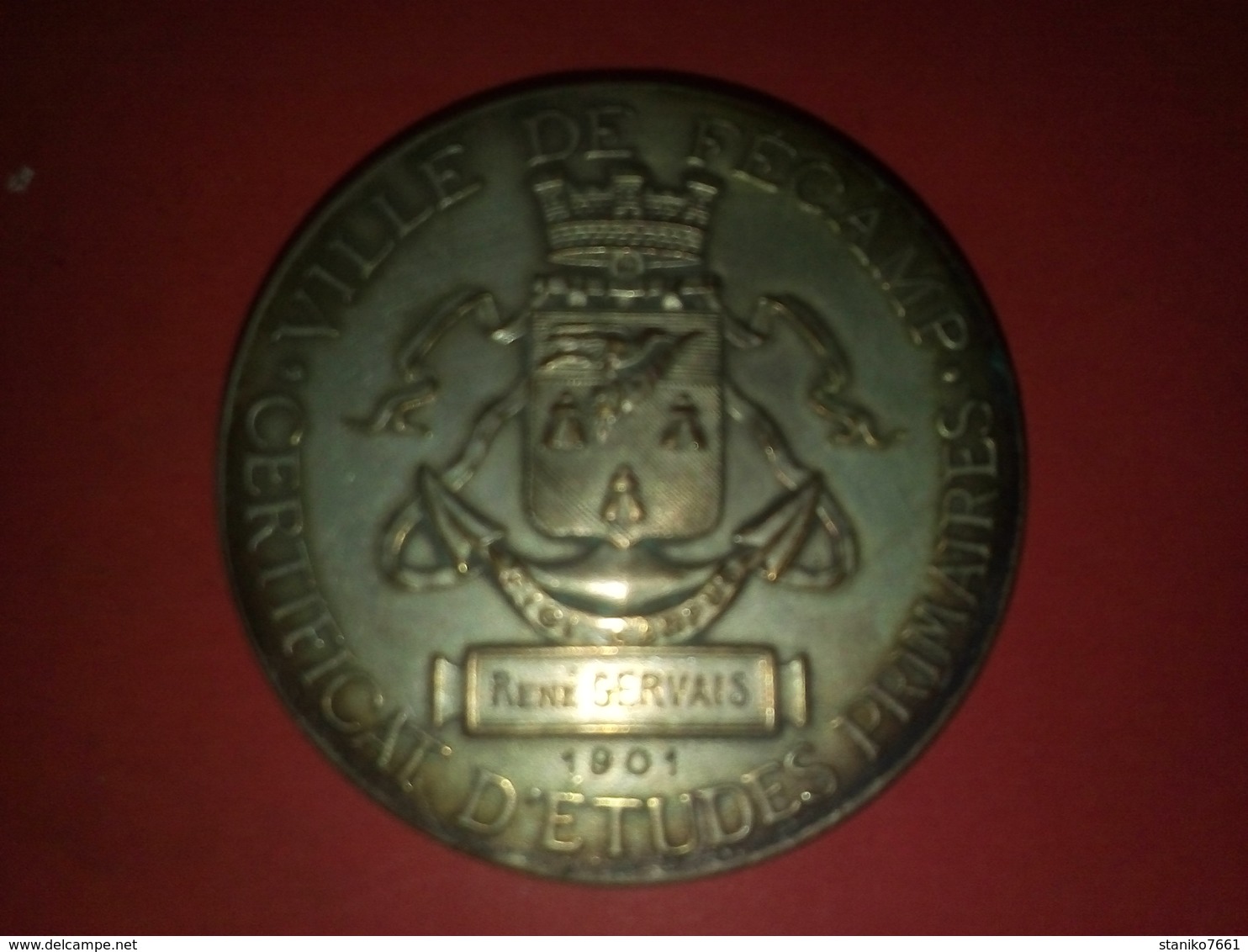 MÉDAILLE BRONZE ARGENTE 1901 VILLE DE FÉCAMP CERTIFICAT D’ÉTUDES PRIMAIRES par RIVET Dia. 41 mm 36.36 gr