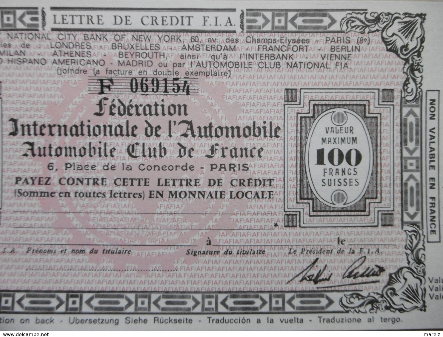 Chèque Valeur 100 Francs Suisses Lettre De Crédit Fédération Internationale De L'Automobile "Automobile Club De France" - Cheques & Traveler's Cheques