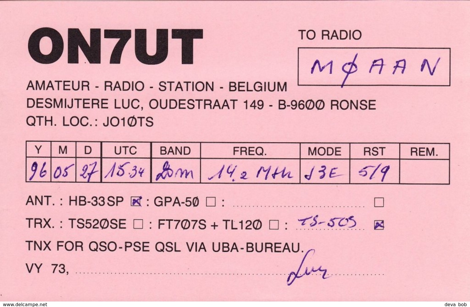 Belgian Amateur Radio QSL Card ON7UT Ronse Belgium 1996 Desmijtere - Radio Amateur