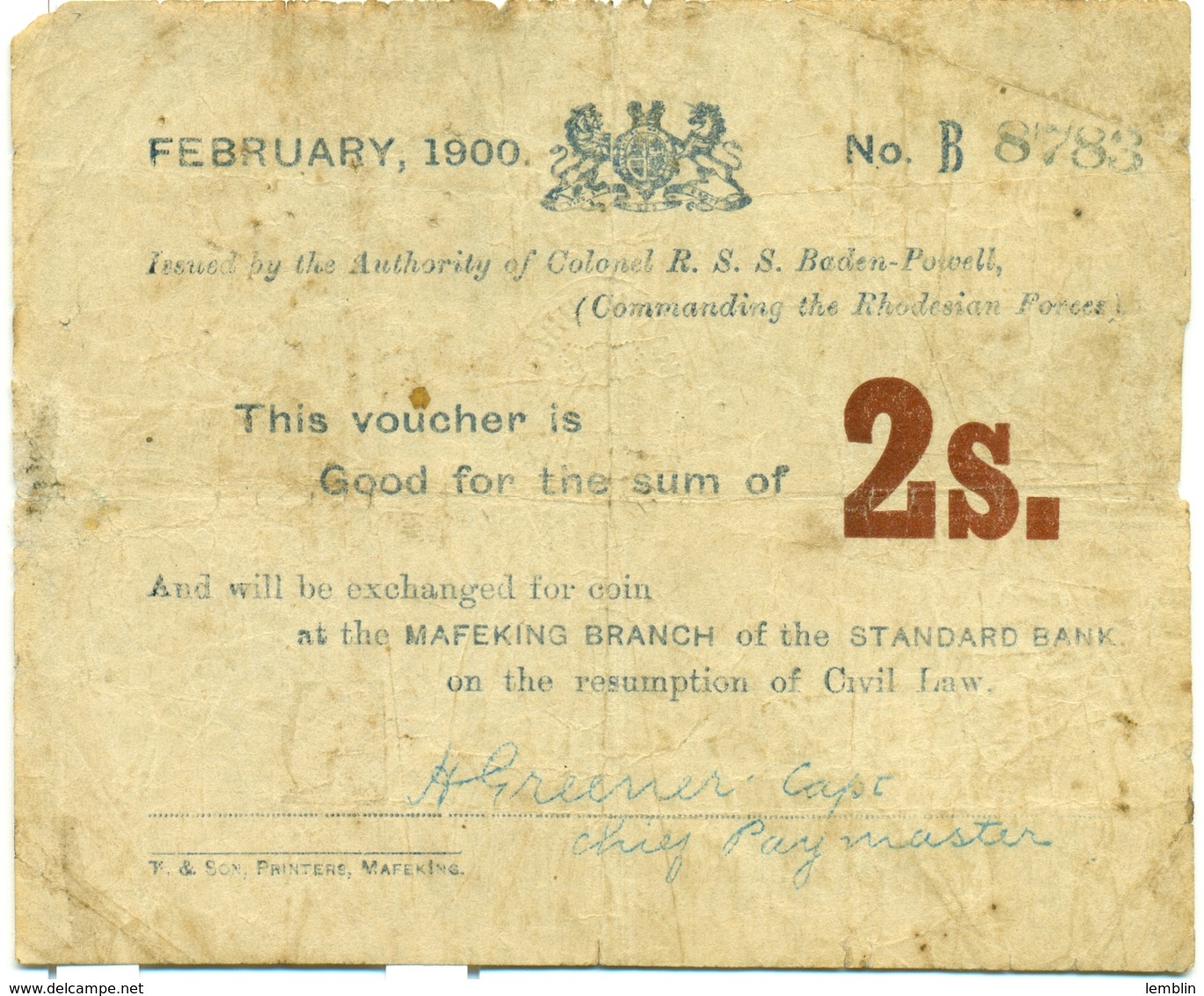 2 SHILLINGS SIEGE DE MAFEKING - SIGNATURE DE BADEN POWELL - Sudafrica