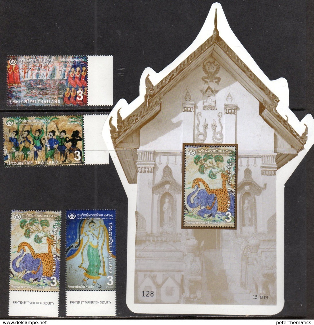 THAILAND , 2018, MNH, THAI HERITAGE CONSERVATION, TEMPLES, ART, ELEPHANTS, SNAKES, FISH,4v+ TEMPLE-SHAPED S/SHEET - Sonstige & Ohne Zuordnung