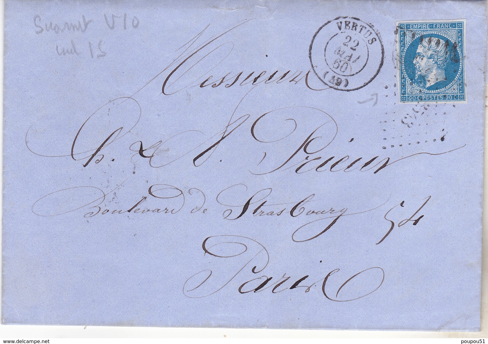 N°14 Yvert Sur Lettre De Vertus Pour Paris.Case 129G2 Variété Suarnet 10.  Tb état Complet. - 1862 Napoleon III