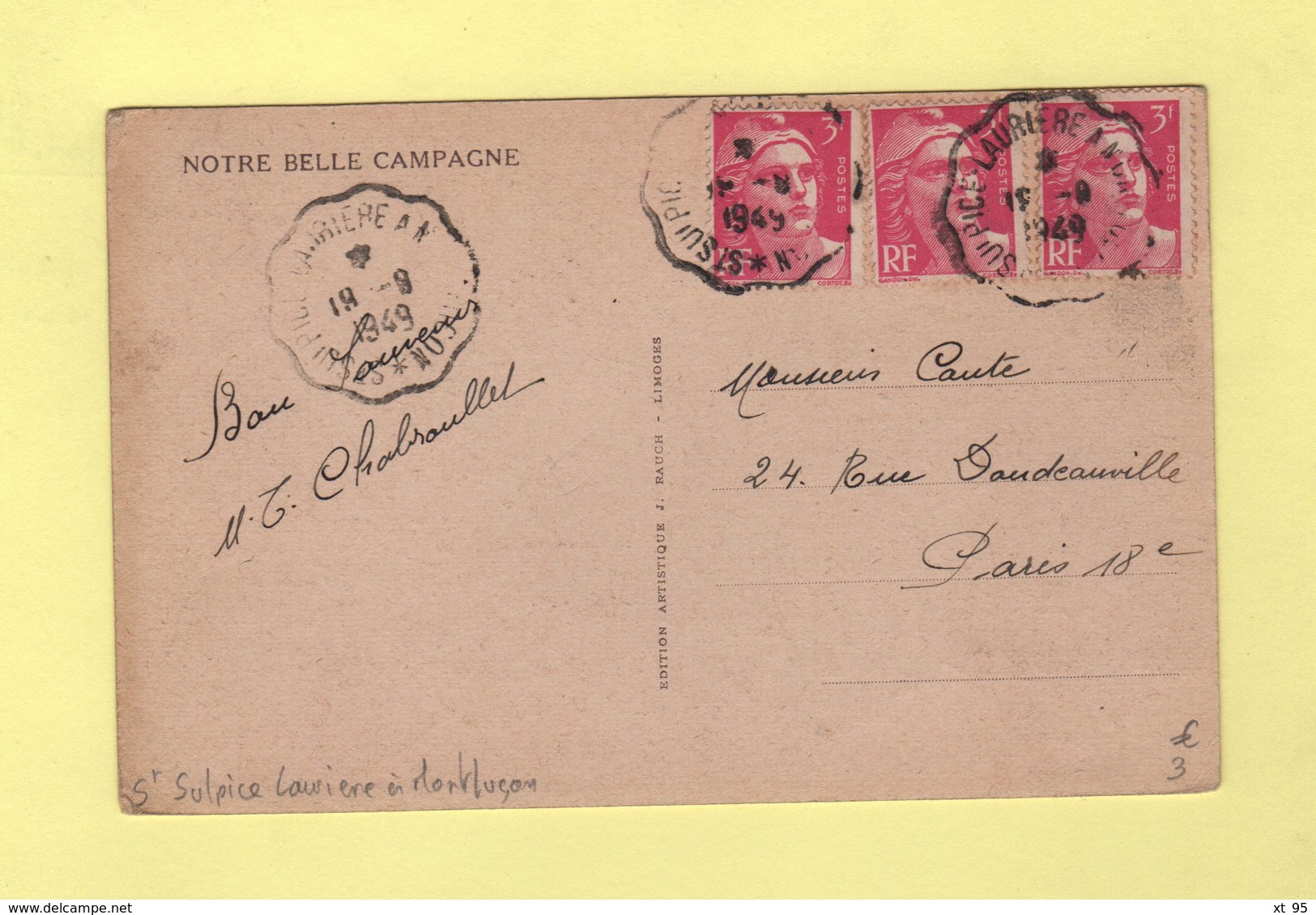 Convoyeur - St Sulpice Lauriere A Montlucon - 1949 - Marianne De Gandon - Railway Post