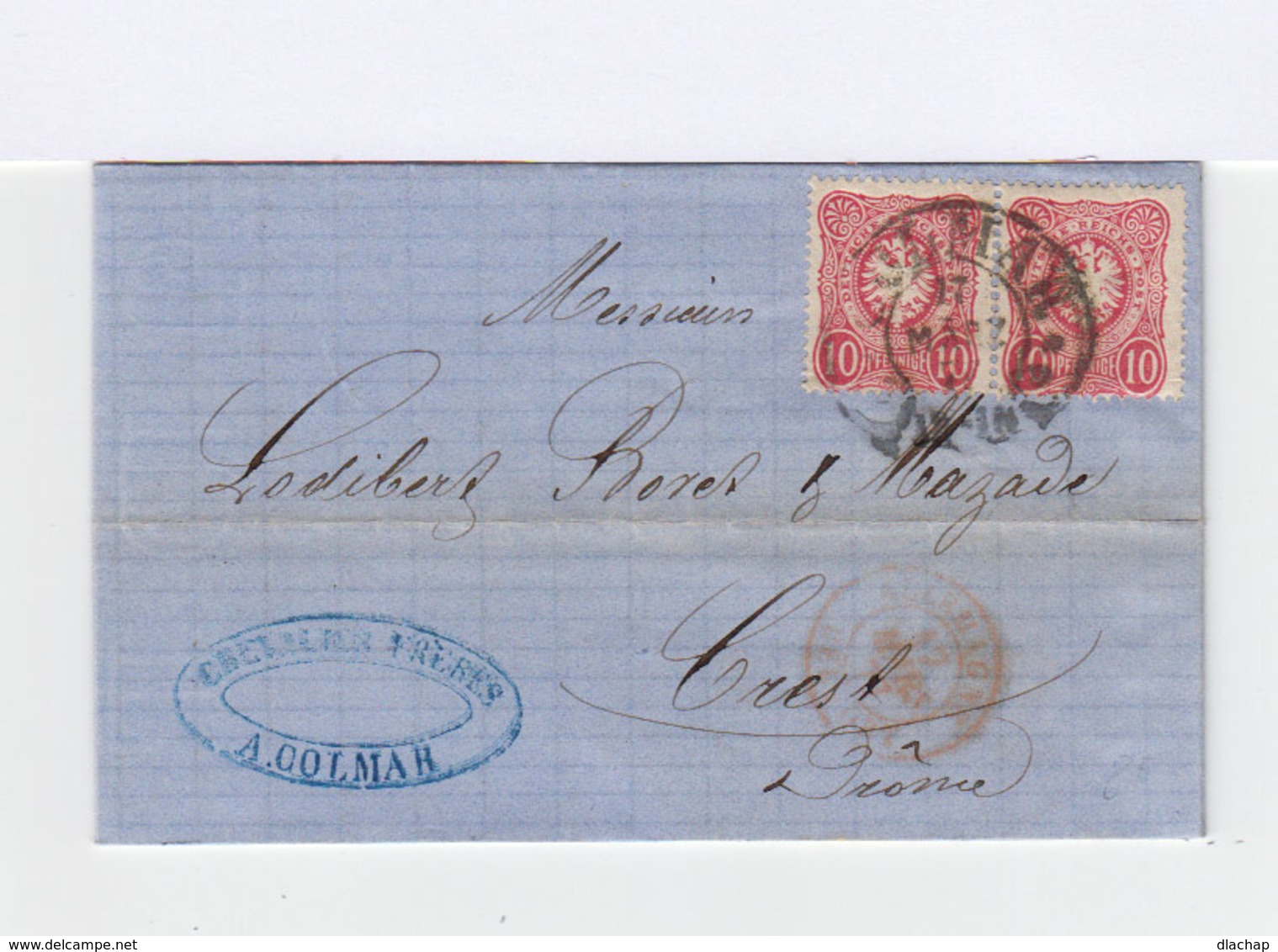 Sur Lettre Avec Correspondance Paire Empire 10 P. Rose Carmin. CAD Colmar 1877. (636) - Autres & Non Classés