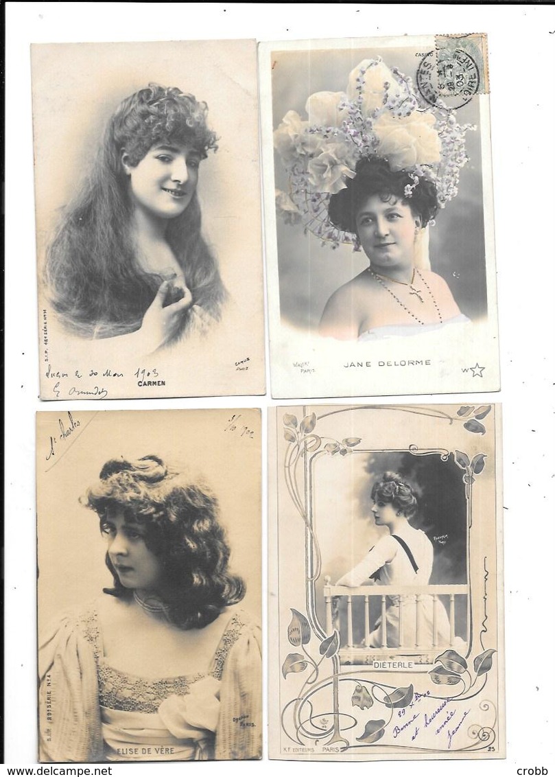 10859- Lot De 4 CPA Portraits CARMEN,JANE DELORME,DIETERLE,ELISE DE VERE - Donne