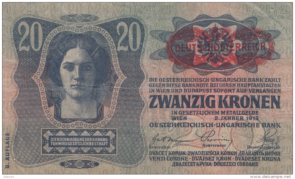 (4 Scan) 2 X 20 KRONEN Österreich/Ungarn Banknoten 1913, Umlaufscheine - Austria