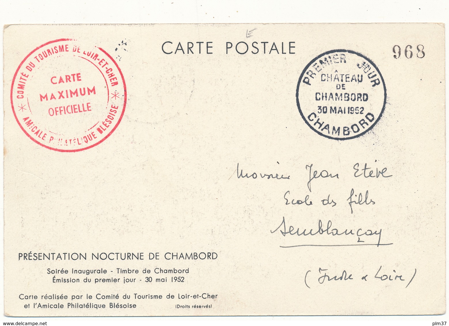 Carte Maximum, Château De CHAMBORD - Premier Jour - 1950-1959