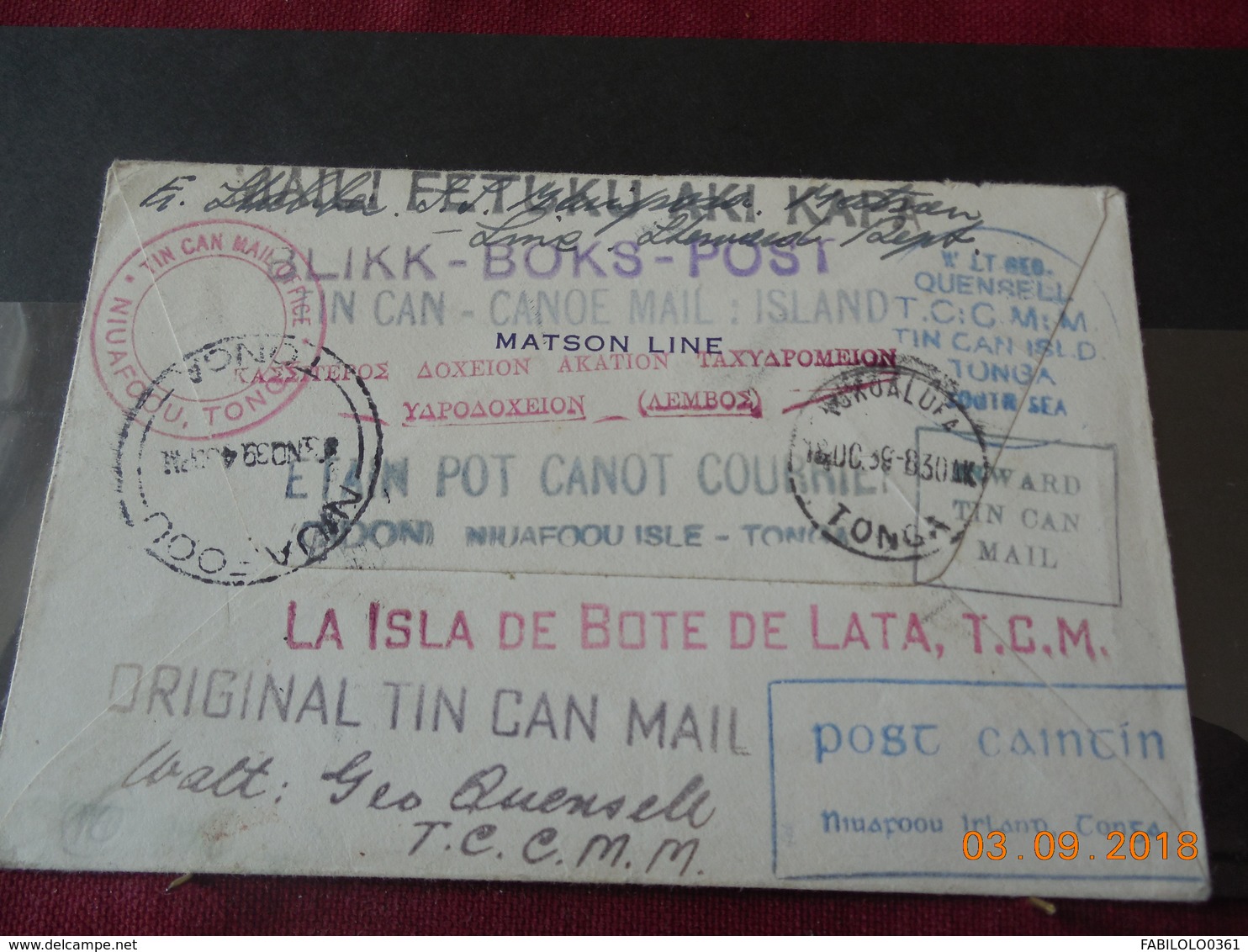 Lettre Delivree En Canoe A Destination De Niuafoou Isle Tonga 1939 ( Tin Can Mail) - Tonga (...-1970)