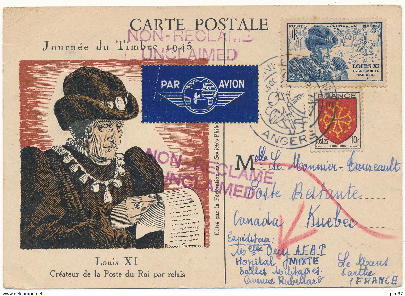 Carte Maximum - Louis XI - Journée Du Timbre, Angers 1945 - 1940-1949