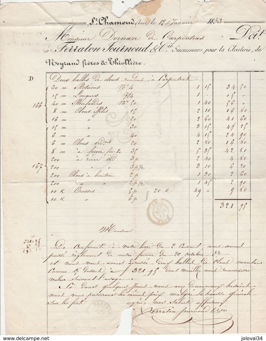 Lettre Entête Ferraton Journoud Ex Neyrand ST CHAMOND Loire 13/1/1853 Taxe Double Trait Pour Carpentras Vaucluse - 1849-1876: Classic Period