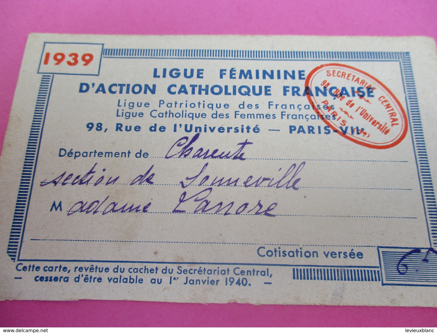 Carte D'Association/Ligue Féminine D'Action Catholique Française/ Lanore/ SONNEVILLE/ Charente/ /1939     CAN755 - Religion & Esotericism