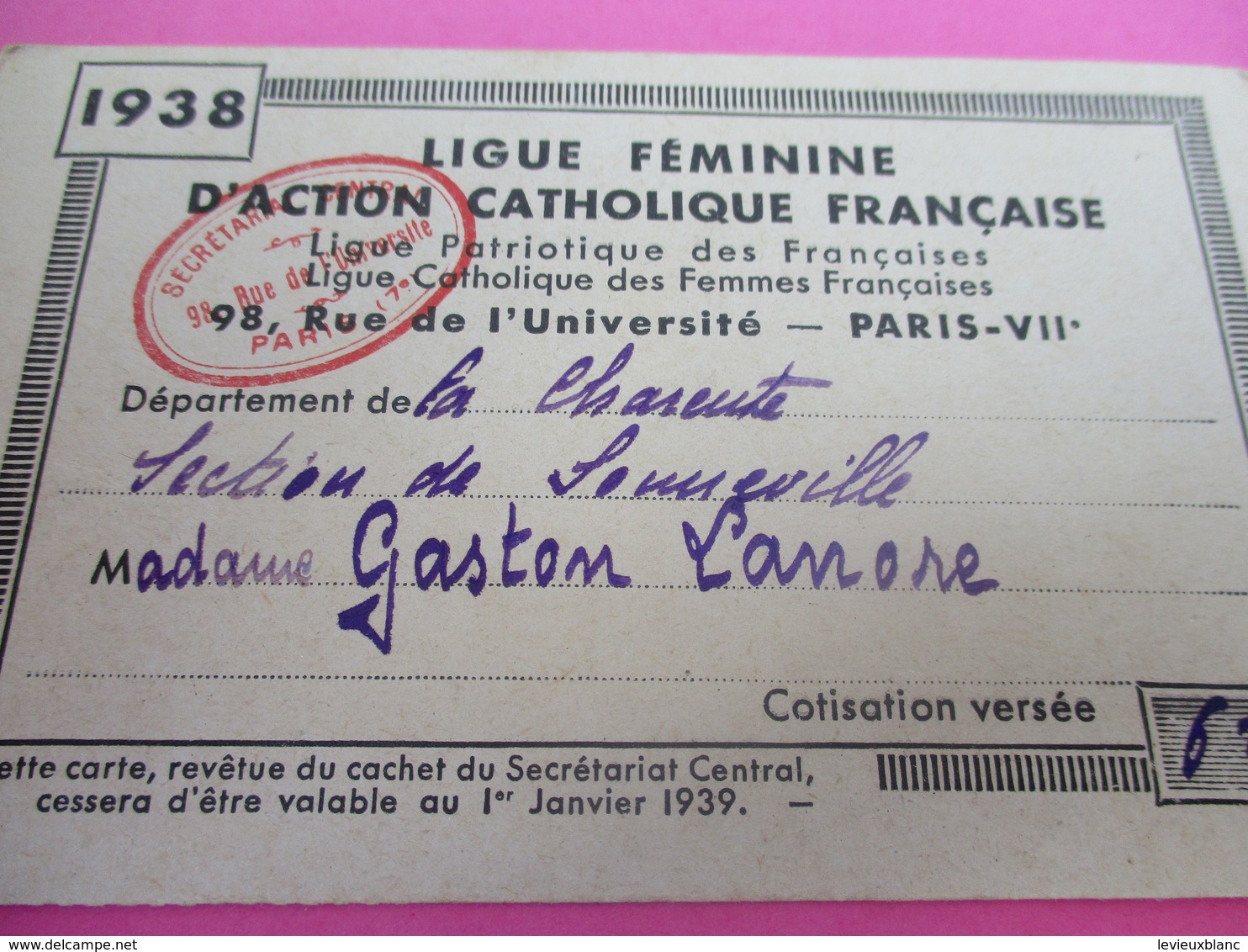 Carte D'Association/Ligue Féminine D'Action Catholique Française/ Lanore/ SONNEVILLE/ Charente/ /1938     CAN756 - Godsdienst & Esoterisme