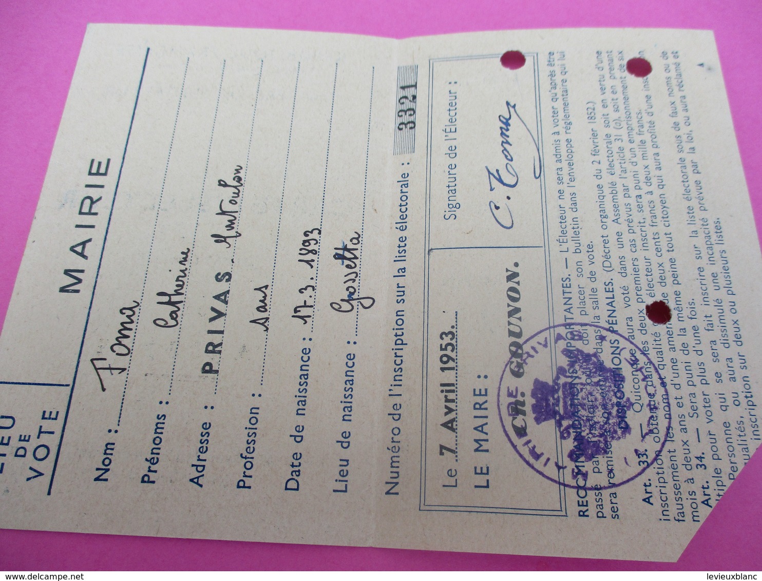 Carte D'Electeur / Ministére De L'Intérieur/ Département De L'ARDECHE/Privas / Toma /1953       ELEC28 - Autres & Non Classés