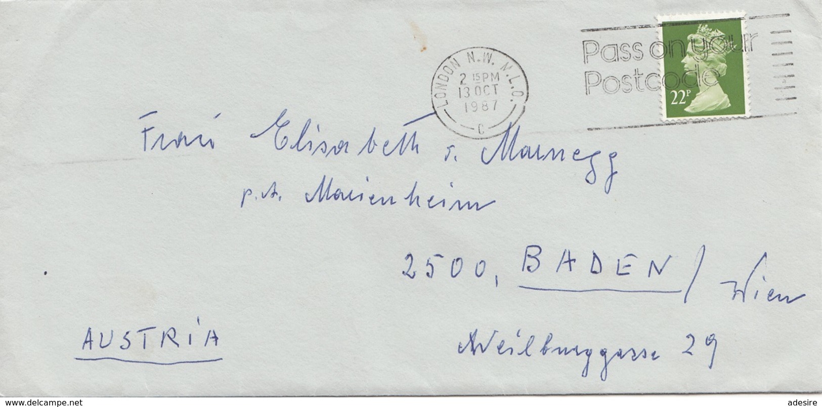 Brief ENGLAND Gel.1987 Mit 22 P Frankierung - Briefe U. Dokumente