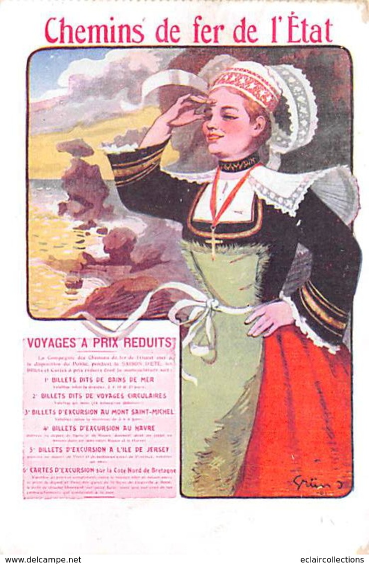 Publicité   Affiche De Chemin De Fer  De L'Etat. Bretagne Illustrée Par Grün     (voir Scan) - Publicité