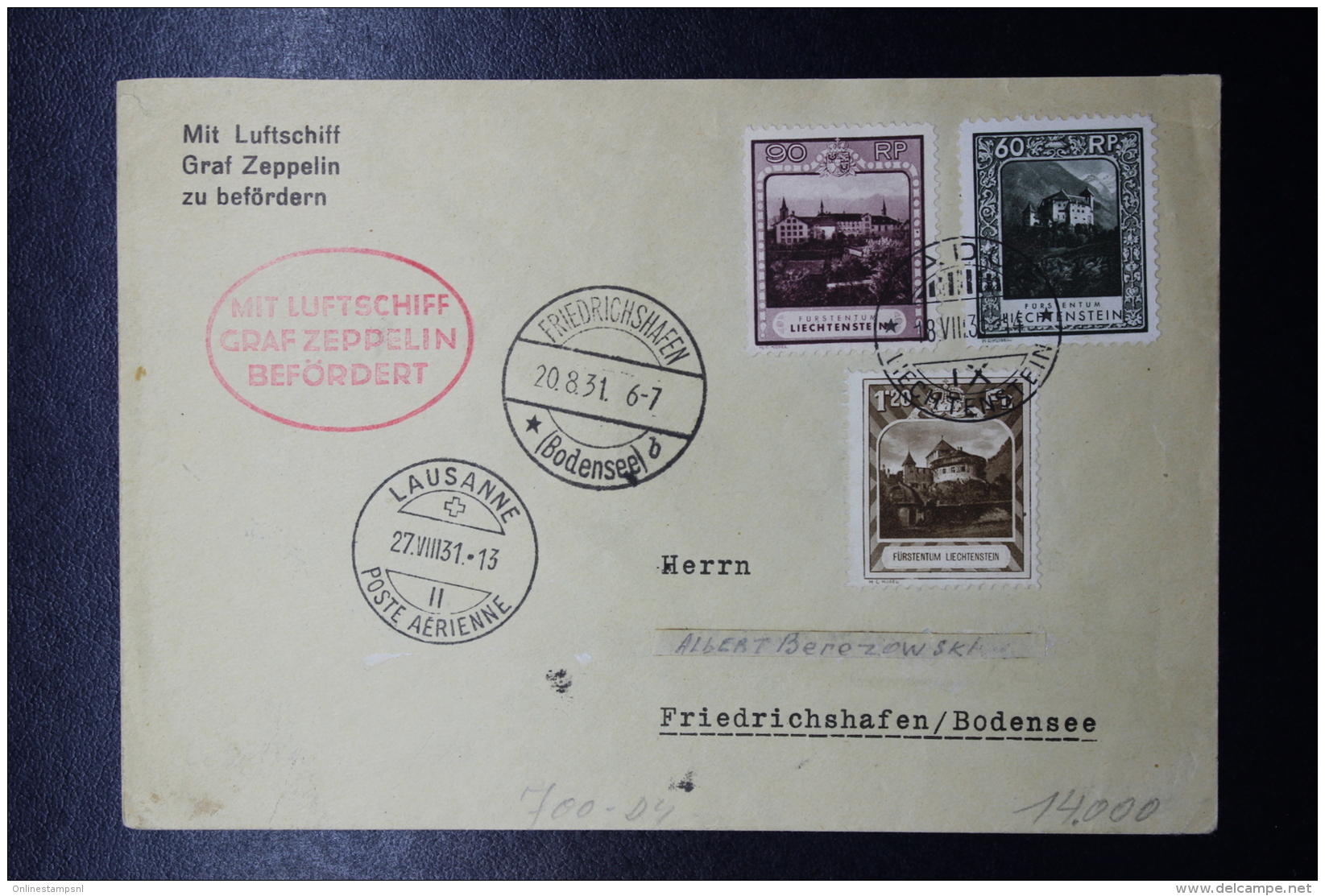 Liechtenstein: Graf Zeppelin  Sieger 123 , Vaduz -&gt; Friedrichshafen  Mi 103 + 104 + 105 - Covers & Documents