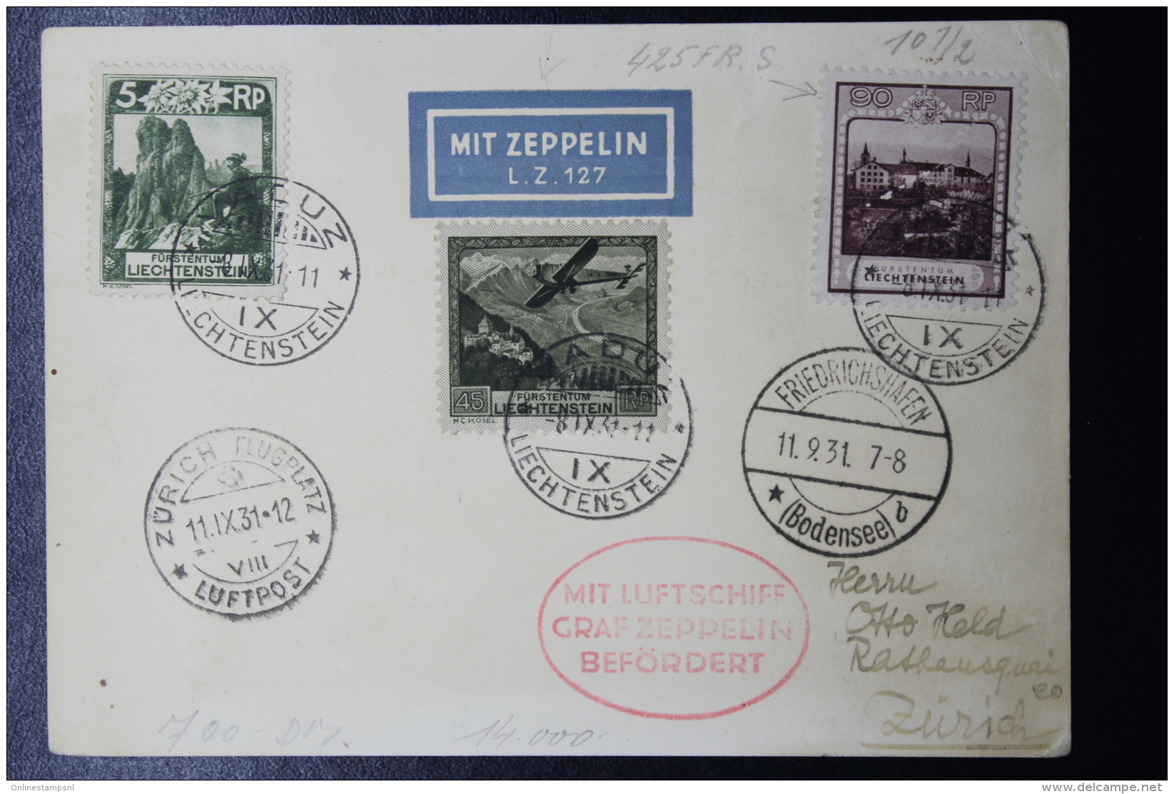 Liechtenstein: Graf Zeppelin  Sieger 127 , Vaduz -&gt; Zürich  Mi 95 + 112 + 104    1931 - Briefe U. Dokumente