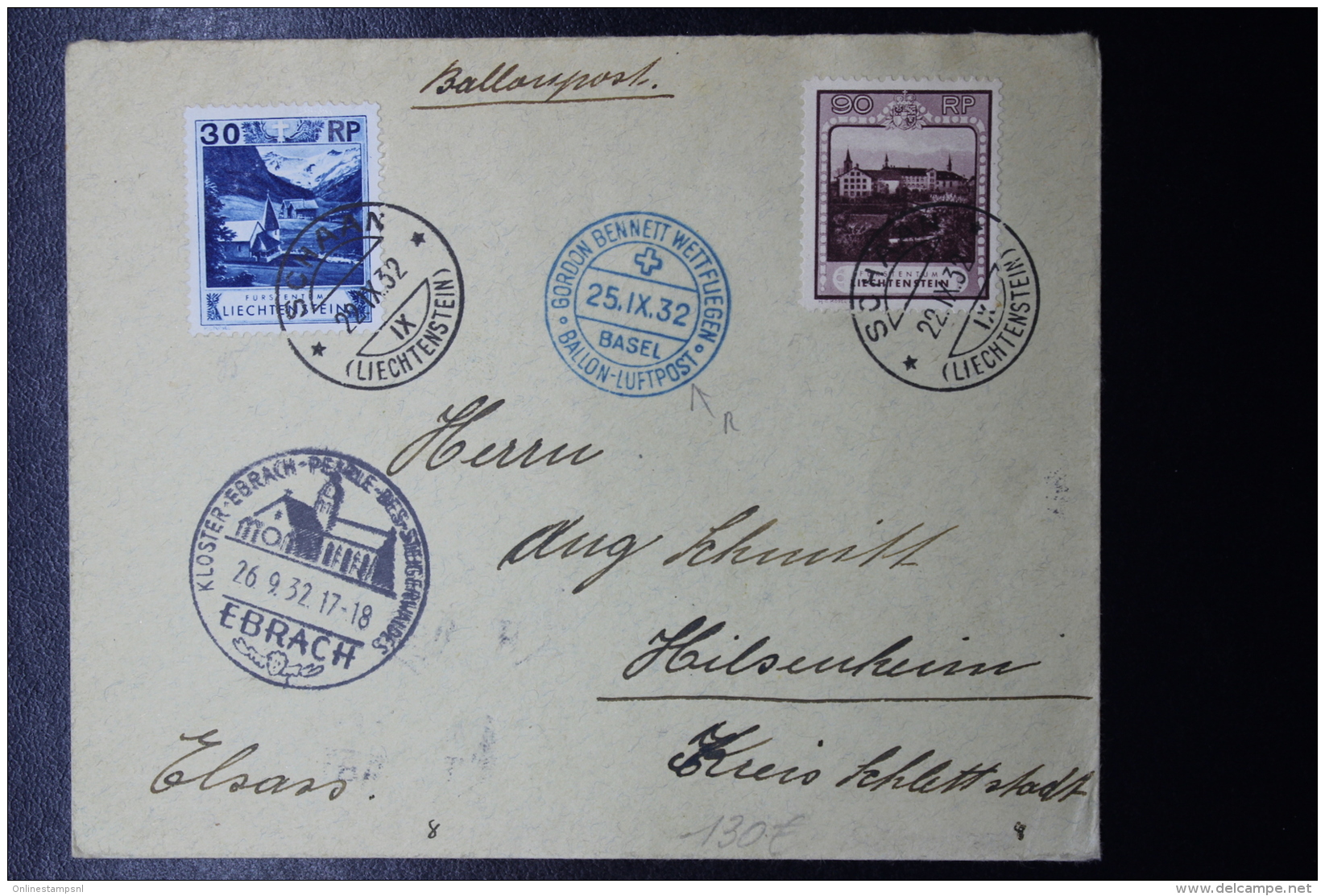 Liechtenstein: Ballonpost  1932 GORDON BENNETT  Basel -&gt; Ebrach   Mi 99 + 104  Mi Fl Nr 42 - Lettres & Documents