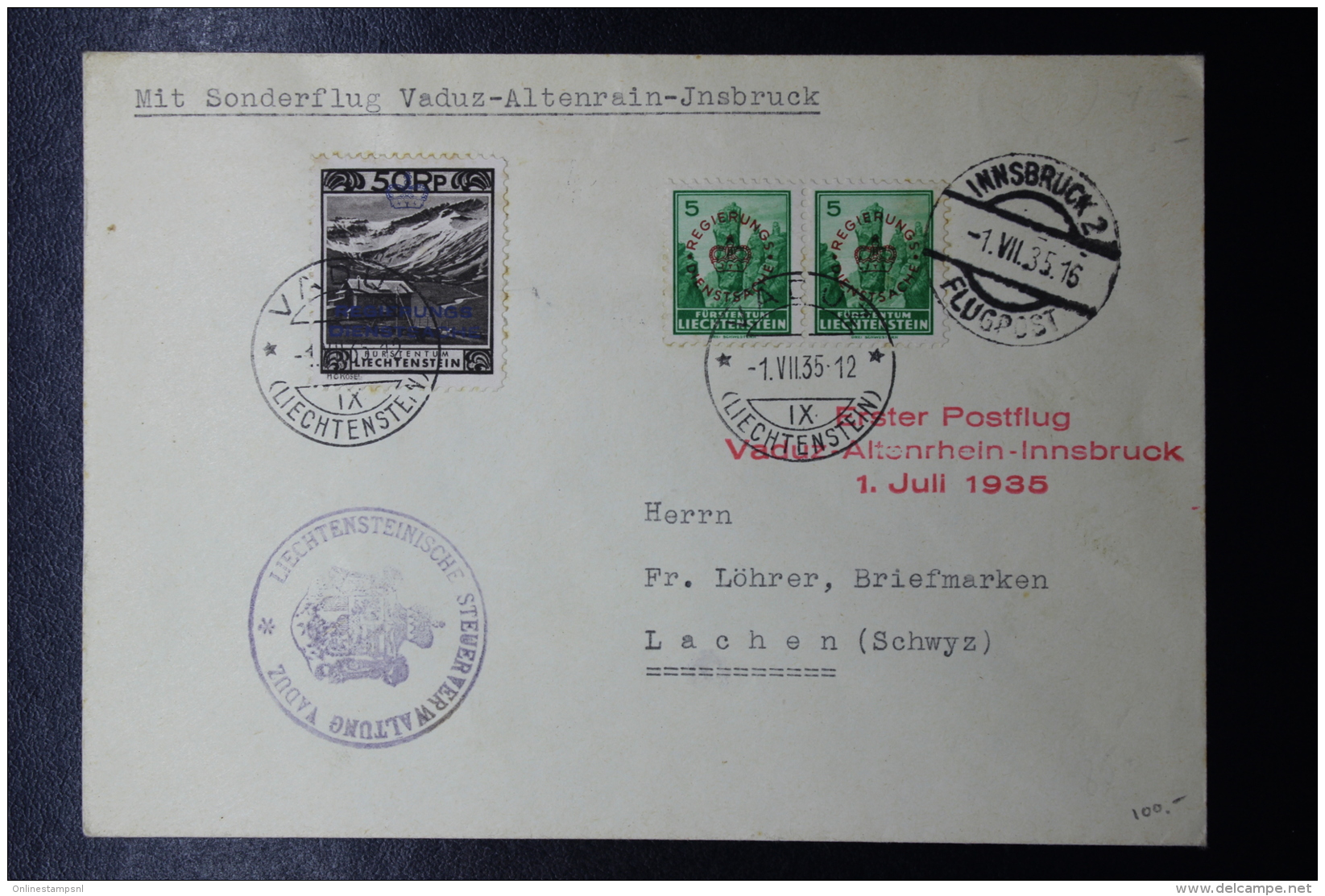 Liechtenstein: Luftpost Erster  Sonderflug Vaduz-Altenrain-Insbrück    Mi D11 + D6   1935 - Storia Postale