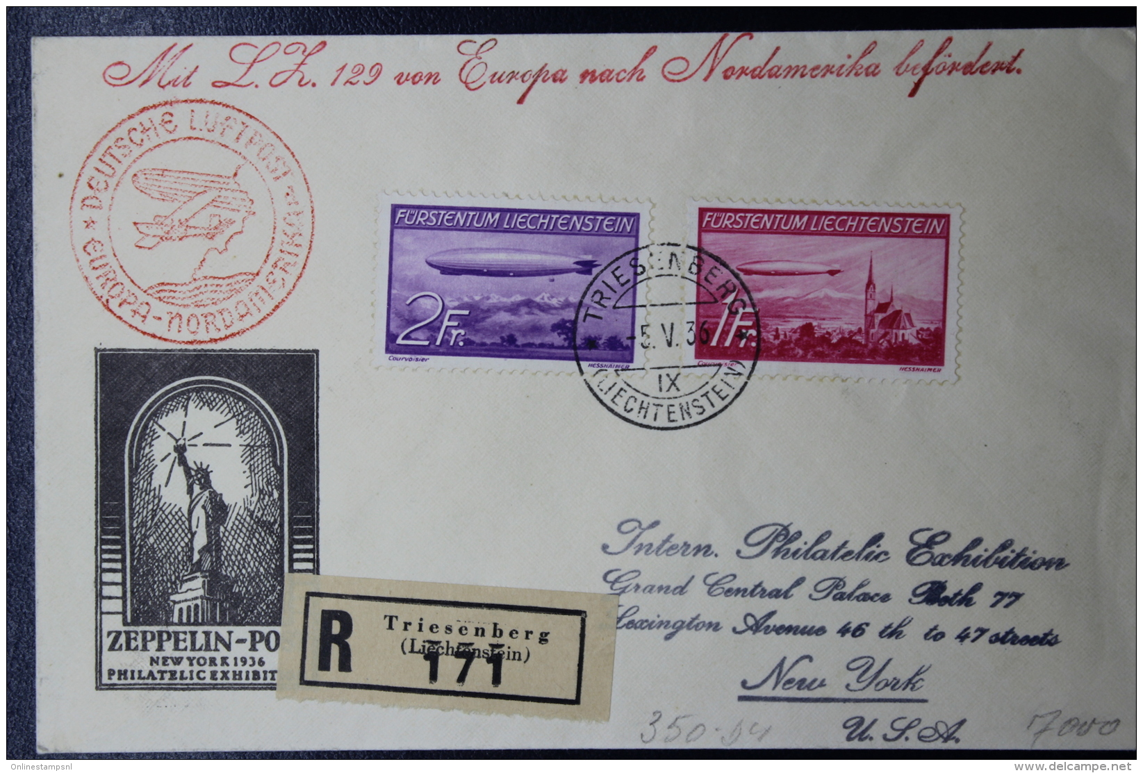 Liechtenstein: Graf Zeppelin  Sieger 317   Mi 149 + 150  1936  Triesenberg -&gt; New York Einschreiben - Storia Postale